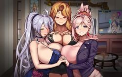 3girls before_paizuri breasts burakku-ra cleavage daidouji_(senran_kagura) eyebrows_visible_through_hair fate/grand_order fate_(series) female female_only glasses granblue_fantasy huge_breasts light-skinned_female light_skin looking_at_viewer miyamoto_musashi_(fate) screen senran_kagura silva_(granblue_fantasy) tv