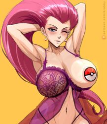 1girls alternate_breast_size female female_only huge_breasts jessie_(pokemon) krabby_(artist) looking_at_viewer milf nintendo pasties poke_ball_pasties pokemon pokemon_rgby solo team_rocket thick_thighs wide_hips