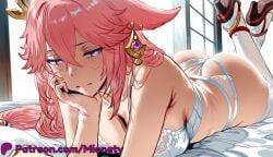yae_miko genshin_impact 1girl underwear panties breasts lying solo on_stomach bra pink_hair ass purple_eyes white_panties long_hair white_bra looking_at_viewer large_breasts animal_ears fox_ears earrings jewelry hair_between_eyes the_pose underwear_only hair_ornament on_bed artist_name cleavage patreon_username closed_mouth okobo bare_shoulders head_rest floppy_ears sandals very_long_hair thighhighs hand_on_own_face twitter_username thong patreon_logo feet_up lingerie window hand_on_own_cheek indoors white_thighhighs blush half-closed_eyes parted_lips christian_louboutin_(brand) bed white_socks bed_sheet thighs low-tied_long_hair legs_up see-through border socks mionety ai_generated