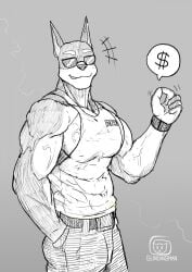 asking_for_money belt bribe bribery cd_projekt_red cyberpunk_2077 doberman dobermann male_focus monochrome muscular muscular_anthro muscular_male no_nudity pants police police_dog sgt_dobs smile smile_at_viewer smiling soendapuss speech_bubble sunglasses tank_top veiny_muscles