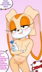 1girl 1girls 2d 2d_(artwork) 2d_artwork animal_ears anthro anthro_female anthro_only anthro_solo blush blushing brat bratty breasts brown_eyes brown_nose bunny bunny_girl completely_naked completely_naked_anthro completely_naked_female completely_nude completely_nude_anthro completely_nude_female cream_the_rabbit cub dialogue dirty_talk english english_text eyelashes female female_cub female_only flat flat_chest flat_chested floppy_ears fur furry furry_female furry_only genitals girly girly_girl gloves gloves_only hoshime lagomorph lolipop lollipop long_ears mammal mobian mobian_(species) mobian_rabbit mouth mouth_open naked naked_anthro naked_female nude nude_anthro nude_female off_screen_character open_mouth rabbit rabbit_girl sega small_breasts smug solo solo_anthro solo_female sonic_(series) sonic_team sonic_the_hedgehog_(series) speech_bubble tan_fur text text_bubble video_games young young_anthro young_female