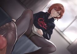 1boy absurdres akisora black_hoodie black_pantyhose brown_hair dutch_angle eyelashes feet female footjob foreshortening hair_ornament hairclip highres higuchi_madoka hood hoodie idolmaster idolmaster_shiny_colors indoors long_sleeves looking_at_viewer medium_hair no_shoes panties panties_under_pantyhose pantyhose parted_lips penis pink_eyes precum school_uniform sitting skirt straight toes underwear v-shaped_eyebrows white_panties white_skirt