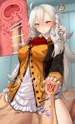 1boy absurdres amu_(takuya0331) bar_censor braid breasts censored command_spell commentary_request cross_section fate/grand_order fate_(series) female fujimaru_ritsuka_(male) highres holding_hands large_breasts long_hair olga_marie_animusphere open_mouth orange_eyes penis sex shirt speech_bubble straight vaginal_penetration white_hair white_shirt