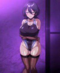 1girls blush breasts elbow_gloves green_eyes hips huge_breasts kegareboshi large_breasts purple_hair screencap stitched sweat swimsuit thick_thighs thighhighs thighs