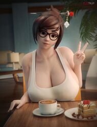 1girls 2020 3d alternate_breast_size artist_name big_breasts breasts breasts_bigger_than_head cake cleavage coffee date dinner_date dinner_table female female_only fugtrup glasses hair_bun hair_pin huge_breasts human human_only humanoid large_breasts light-skinned_female light_skin looking_at_viewer low_cut_top mei-ling_zhou mei_(overwatch) mei_ling_zhou overwatch pale-skinned_female pale_skin safe sfw solo tank_top watermark