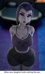 big_ass big_butt big_thighs breasts dad daddy dark_blue_eyes dark_blue_hair dark_blue_lips dark_shirt daughter daughter_(lore) dialogue dialogue_box dialogue_bubble edit edited grey_skin large_hips lips pants print_shirt rachel_roth raven_(dc) short_pants short_shirt smitty34 voluptuous voluptuous_body voluptuous_female