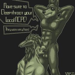 black_fur blowjob canine cd_projekt_red cyberpunk_2077 deepthroat doberman dobermann duo fellatio furry hands_behind_head male/male male_focus multitoned_fur muscular muscular_anthro muscular_male naked sgt_dobs smiling sunglasses talking_to_partner text text_bubble vitaminbob white_fur