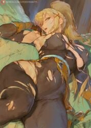 1girls areolae artist_name big_breasts big_thighs blonde_hair blue_eyes blush blushing breasts clothed clothing cutesexyrobutts darkness_(konosuba) female female_only hair_over_one_eye hourglass_figure huge_breasts huge_thighs kono_subarashii_sekai_ni_shukufuku_wo! large_breasts large_thighs long_hair lying navel nipples open_mouth patreon_username ponytail ripped_clothing see-through see-through_clothing slim_waist solo solo_female thick_thighs thighs torn_clothes underboob voluptuous voluptuous_female watermark wide_hips