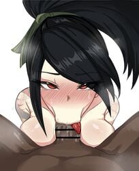 1boy 1girls :>= akali big_breasts big_penis black_hair blowjob_face breasts censored chihel dark-skinned_male dark_skin deepthroat eye_contact fellatio female interracial kneeling large_breasts league_of_legends male oral oral_sex pleasure_face ponytail pov pov_eye_contact red_eyes sex shiny_skin tongue tongue_out