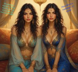 2girls ai_generated arabian_clothes arabian_female arabic_female big_breasts brown_eyes chamber dark_hair earrings english_text gold_jewelry original original_character realistic sisters text