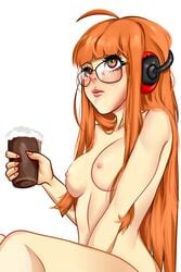 1girls bangs blush breasts completely_naked completely_nude drink eyelashes female female_only glasses headphones long_hair looking_away naked nipples nude persona persona_5 red_hair sakura_futaba sitting small_nipples solo white_background yureart