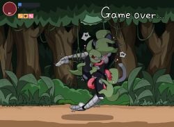 anthro big_breasts black_hair bodysuit breasts climbing clinging clothing cunnilingus deep_cunnilingus defeated domestic_cat english_text erection exclamation_point felid feline felis female forced forest game_over gameplay_mechanics gangbang grey_body group group_sex hair hands_behind_head heart_symbol hi_res interrobang jungle larger_female licking lizard long_tongue male male/female mammal nipples oral oral_penetration outside penetration plant potatobud3 prehensile_tongue rape reptile scalie sex size_difference skinsuit small_dom_big_sub status_effect tail text tight_clothing tongue tongue_penetration torn_bodysuit torn_clothing trapped tree tremble_spikes user_interface vaginal_penetration vines