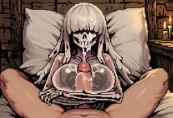 1boy 1girls ai_generated bones breasts cum cum_on_breasts cum_on_face cumdrip ejaculation female goo_creature hair_over_eyes horror horror_(theme) hugging_breasts large_breasts lime_(paigen) male monster_girl original original_character paigen paizuri penis pixel_art pov skeleton skull skull_face slime slime_girl titjob undead visible_skeleton white_hair