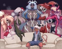 1boy 5girls angel angel_girl ass aureola bare_arms bare_legs bare_shoulders bare_thighs big_ass big_breasts big_butt blonde_hair blue_hair blush bra butt carmilla_carmine cherri_bomb clothed clothing color couch dark-skinned_female dark_skin demon demon_boy demon_girl demon_horns demon_tail female gigantic_breasts grey_hair hat hazbin_hotel hellaverse helluva_boss hi_res huge_breasts imp large_breasts light-skinned_female light_skin long_hair looking_at_partner looking_at_viewer male male/female massive_breasts on_sofa original_character panties pink_hair rosie_(hazbin_hotel) sera_(hazbin_hotel) sharp_teeth simple_background smile sofa stormrayneart succubus succubus_horns succubus_tail swimsuit tagme taller_female taller_girl thick_thighs underwear verosika_mayday_(helluva_boss) vivienne_medrano white_hair