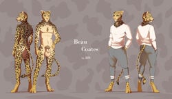 absurd_res animal_genitalia anthro balls clothed clothing felid furry_only genitals hi_res jaguar male mammal model_sheet nude okata pantherine sheath slim solo standing