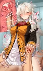 1boy absurdres amu_(takuya0331) bar_censor braid breasts censored clenched_teeth command_spell commentary_request cross_section cum fate/grand_order fate_(series) female fujimaru_ritsuka_(male) highres holding_hands internal_cumshot large_breasts long_hair olga_marie_animusphere orange_eyes penis sex shirt speech_bubble straight teeth vaginal_penetration white_hair white_shirt
