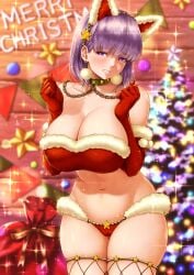1girls athena big_breasts blush cat_ears chains christmas christmas_outfit cleavage collar deity elbow_gloves embarrassed female female_only fishnet_thighhighs fishnets fur_trim gloves goddess greek_mythology huge_breasts lavender_hair light_purple_hair lioreo medium_hair original purple_eyes purple_hair red_gloves revealing_clothes solo thick_thighs thighhighs wide_hips