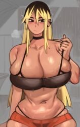 1girls 2026 2d 2d_(artwork) 2d_artwork adjusting_clothes bandeau belly_button big_breasts bikini bikini_pull bikini_under_clothes black_eyes blonde blonde-haired_female blonde_female blonde_hair breasts brown_hair busty choker cleavage cleavage_overflow clothed clothed_female clothing cowboy_shot curvaceous curvy dyed_hair ear_piercing emi_(kelvin_hiu) female front_view fully_clothed hair hair_between_eyes hi_res hourglass_figure huge_breasts human kelvin_hiu large_breasts light-skinned_female light_skin long_hair multicolored_hair nail_polish navel original original_character panties panty_peek piercing pink_nails rain raining red_shorts short_shorts shorts skindentation solo stomach thick_thighs thighs two-tone_hair water_drop wet wet_body wet_breasts wet_clothes wet_hair wet_skin wide_hips