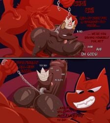 abdominal_bulge anal anal_sex chains cult_of_the_lamb fox_(cult_of_the_lamb) furry gay huge_ass hyper hyper_balls hyper_penis kiffy_(artist) male/male massive_monster_(studio) ratau_(cult_of_the_lamb) restrained rough_sex