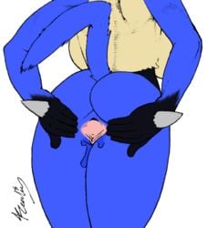 anthro anthrofied ass back_boob big_breasts bodily_fluids breasts female fur furry furry_only genital_fluids genitals hand_spike hi_res lucario nintendo nude pokemon pokemon_(species) presenting presenting_hindquarters presenting_pussy pussy pussy_juice realius simple_background solo spikes spikes_(anatomy) spread_pussy spreading standing tail thick_thighs video_games