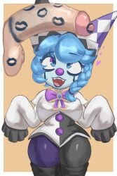 arakira clown clown_girl clown_makeup clown_nose goth kiss_mark kiss_mark_on_penis league_of_legends lipstick_mark riot_games shortstack simple_background surprise_party_vex the_grind_series vex_(league_of_legends) yordle