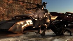 anthro areola ass big big_areola big_butt big_nipples big_tail blue_eyes breasts cleavage_cutout clothing colorful_body cutout enclaveremant exposed_breasts female glistening gloves gun handwear horn huge_breasts mommyclaw_(vulgarvictor) nipples ranged_weapon scalie sharp_tail shoulder_guards standing tail thick_thighs