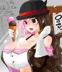 angry cinder_fall female heterochromia huge_breasts ice_cream jealous multicolored_eyes multicolored_hair neo_(rwby) odakubara rwby seductive text