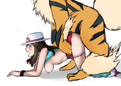 1girls arcanine ass blue_shirt blush breasts breasts_out brown_eyes brown_hair clothed clothed_sex clothing female female_on_feral feral feral_on_female feral_on_human from_behind game_freak hat human_on_feral interspecies leaf_(pokemon) light-skinned_female light_skin long_hair male male_pokemon/female_human nintendo nivi open_mouth panties penetration pink_panties pokemon pokemon_(game) pokemon_(species) pokephilia rape red_skirt sex shirt shirt_lift simple_background size_difference skirt spread_legs vaginal_penetration white_background wide_eyed zoophilia