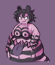 anthro big_breasts black_goo black_hair black_nipples breasts bunny_ears_(disambiguation) colored drippy eyeshadow female goo_creature hair humanoid makeup nipples pester pink_goo solo solo_focus stomach_mouth striped_body stripes tongue tongue_out underbite