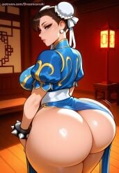 1girls ai_generated asian asian_female ass ass_focus big_ass big_breasts breasts brown_eyes brown_hair bubble_ass bubble_butt capcom chinese_dress chun-li curvaceous curvy_female dat_ass dreamcoreart dumptruck_ass earrings female female_only hourglass_figure huge_ass indoors large_breasts light-skinned_female light_skin long_hair looking_at_viewer paag solo standing street_fighter thick thick_ass thick_thighs voluptuous voluptuous_female watermark wide_hips