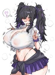 1girls 2026 2d 2d_(artwork) alternate_clothing areola areolae areolae_visible_through_clothing belly belly_button big_breasts black_hair blush breasts cleavage clothed clothed_female clothing color colored female female_focus female_only goddess_of_victory:_nikke gyaru gyarufication gyarufied heart heart_symbol horn/wood huge_breasts label_(nikke) large_breasts light-skinned_female light_skin miniskirt mole mole_on_breast multicolored_hair neet neet_girl nikke nipples nipples_visible_through_clothing open_mouth open_mouth_smile peace_sign purple_eyes purple_hair simple_background skimpy skimpy_clothes skirt smile smiling smiling_at_viewer solo solo_female solo_focus spoken_heart standing sweat sweating sweaty_body twintails visible_nipples white_background