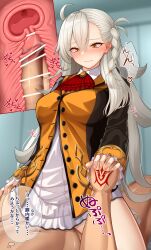 1boy absurdres amu_(takuya0331) bar_censor braid breasts censored command_spell commentary_request cross_section fate/grand_order fate_(series) female fujimaru_ritsuka_(male) highres holding_hands large_breasts long_hair olga_marie_animusphere orange_eyes penis sex shirt speech_bubble straight vaginal_penetration white_hair white_shirt