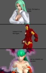 1boy1girl crossover darkstalkers exposing_breasts flirting green_hair iron_man marvel morrigan_aensland scottish scottish_female scottish_woman succubus tony_stark