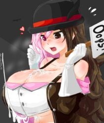 after_paizuri bowler_hat brown_hair cum_between_breasts cum_on_breasts cum_under_clothes female heart-shaped_pupils heterochromia huge_breasts multicolored_eyes multicolored_hair neo_(rwby) odakubara paizuri pink_hair rwby seductive tagme text