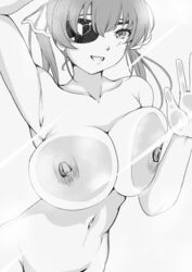 against_glass breasts eye_patch female hololive hololive_fantasy hololive_japan houshou_marine large_breasts looking_at_viewer monochrome nipples nude solo tommukai twintails virtual_youtuber