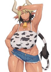 1girls abs animal_ears animal_tail armpits bovine breasts cathyl_(monster_musume) cleavage cow_girl female female_minotaur female_only horns huge_breasts minotaur minotaur_girl monster_girl monster_musume_no_iru_nichijou solo stormcow sweat