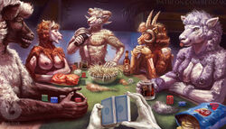 2020 alcohol anthro beverage black_body black_fur bovid breasts brown_body brown_fur caprine card chips_(food) ear_piercing female food fur grin group hi_res horizontal_pupils horn male mammal nipple_piercing nipples piercing playing_card poker poker_chip poker_table pupils red-izak shaving shearing sheep smile strip_poker tongue tongue_out white_body white_fur wool_(fur)