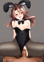 1boy animal_ears areolae bare_shoulders black_leotard black_neckwear blush bow bowtie breasts brown_eyes brown_hair bunny_ears bunny_girl censored clothed_sex commentary_request cowgirl_position cowgirl_position detached_collar fake_animal_ears female happy_sex heart heart-shaped_pupils highres kantai_collection leotard long_hair medium_breasts mosaic_censoring nipples open_mouth pantyhose penis playboy_bunny pussy sex solo_focus straddling straight strapless strapless_leotard symbol-shaped_pupils tongue tongue_out torn_clothes torn_legwear torogao vaginal_penetration wrist_cuffs zarashi zuihou_(kantai_collection)