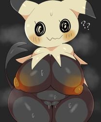 5:6 absurd_res anthro areola big_breasts black_background black_body black_eyes blush blush_lines bodily_fluids breasts clothing ebi10000000000 female generation_7_pokemon genitals hi_res mimikyu mostly_nude nintendo nipples pokemon pokemon_(species) portrait puffy_nipples pussy question_mark simple_background solo sweat tan_clothing thick_thighs three-quarter_portrait yellow_nipples