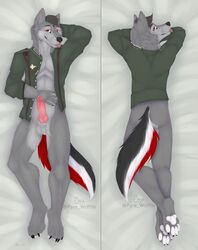 absurd_res animal_genitalia animal_penis anthro balls canid canine canine_penis canis clothing dakimakura_design fyre_wolffie genitals hans_maybach hi_res knot male mammal military_uniform penis solo tongue tongue_out uniform wolf