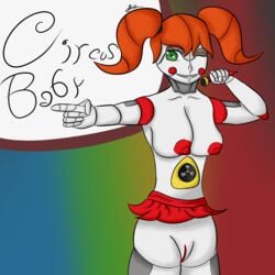 1girls animatronic areola areolae baby_(fnafsl) breasts circus_baby circus_baby_(fnaf) erect_nipples female five_nights_at_freddy's five_nights_at_freddy's:_sister_location green_eyes litonima mic microphone nipples orange_hair pussy text thick_thighs twintails wink