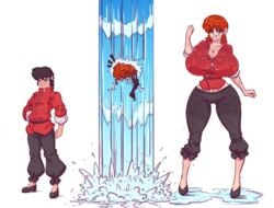 1boy 1girls absurd_res angry ass_expansion big_breasts breast_expansion breasts canon_genderswap clothes clothing color gender_transformation genderswap genderswap_(mtf) giantess growth hair_color_change huge_breasts mtf_transformation n647 narrow_waist nipples_visible_through_clothing ranma-chan ranma_1/2 ranma_saotome rule_63 size_transformation smile smiling standing_on_tip_toes thick_thighs thin_waist toe_point transformation voluptuous water waterfall wet_clothes wet_hair wet_skin wide_hips