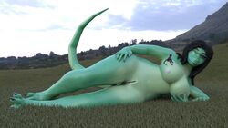 16:9 2018 3d_(artwork) 5_fingers ambiguous_gender animal_genitalia anthro black_hair blizz_braidy breasts digital_media_(artwork) duo eyewear female fingers genital_slit genitals glasses grass green_body grey_body hair hand_on_breast humanoid_hands juliet_a kobold lizard looking_at_viewer lying micro nipples non-mammal_breasts nude on_side outside reptile scalie sitting_on_breasts slit twoscale widescreen