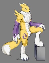 2020 animal_genitalia anthro badroy balls black_claws blue_eyes claws digimon digimon_(species) full-length_portrait furry_only genitals grey_background male male_only one_leg_up portrait raised_leg renamon sheath signature simple_background solo standing white_balls white_sheath