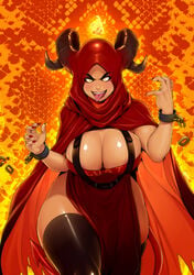 big_breasts breasts broken_chain cape chains demon demon_girl demon_horns demon_tail hijab hijabolic horns long_fingernails nail_polish nails ram_horns red_nail_polish smile smiling solo thigh_highs thighhighs tongue tongue_out