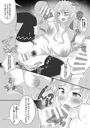 3boys areolae black_legwear black_thighhighs blush breast_grab breast_sucking breasts censor_bar censored doujinshi female female frederica_baumann gangbang groping group_sex imminent_fellatio japanese_language large_breasts long_hair maid_headdress male multiple_boys nipples nude open_mouth penis penis_licking re:zero_kara_hajimeru_isekai_seikatsu sex sharp_teeth sidelocks spooning straight sweat thighhighs tongue tongue_out torso_grab vaginal_penetration virth_fy wavy_eyes