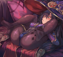 1girls ass blush breasts cameltoe couch erect_nipples feet female female_only genshin_impact heart-shaped_pupils highres horny imminent_sex leotard lying mona_(genshin_impact) on_back on_couch pantyhose plow_pose soles spread_legs toes torriet witch_hat