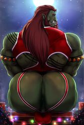 2020 2:3 anus armband ass back_muscles backsack beard bell big_muscles butt_focus canonwhitecat chimney christmas christmas_lights facial_hair full_moon genitals green_body green_skin highres holidays humanoid jockstrap long_hair looking_at_viewer looking_back male male_only mammal moon muscular muscular_humanoid muscular_male night orc orc_humanoid orc_male outdoors perineum rear_view sitting sky smile solo star starry_sky tattoo testicles topwear tusks underwear