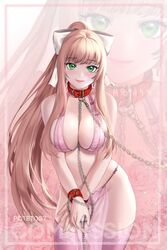 1girls belly_dancer belly_dancer_outfit blush bondage bra breasts brown_hair chain_leash chained chains choker collar curvy curvy_female dancer dancer_outfit doki_doki_literature_club female femsub green_eyes happy_sub harem_girl harem_outfit huge_breasts leash lingerie lips loincloth long_hair looking_at_viewer monika_(doki_doki_literature_club) panties pet_play petplay pink_bra pink_lingerie pink_panties pink_thighhighs pink_thong ponytail potetos7 ribbon sex_slave slave_collar smile submissive_female thighhighs thong tied tied_hair tied_hands tied_up transparent_clothing voluptuous white_ribbon wide_hips wrist_cuffs