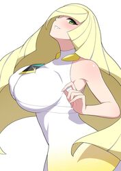 1girls aikome_(haikome) alternate_breast_size big_breasts blonde_hair blush breasts clothed clothed_female cute eyelashes eyeliner female female_focus female_only fully_clothed green_eyes haikome happy huge_breasts human large_breasts long_hair lusamine_(pokemon) mature_female milf nintendo photo pokemon pokemon_sm side_view smile solo solo_female solo_focus thin thin_waist top_heavy video_games